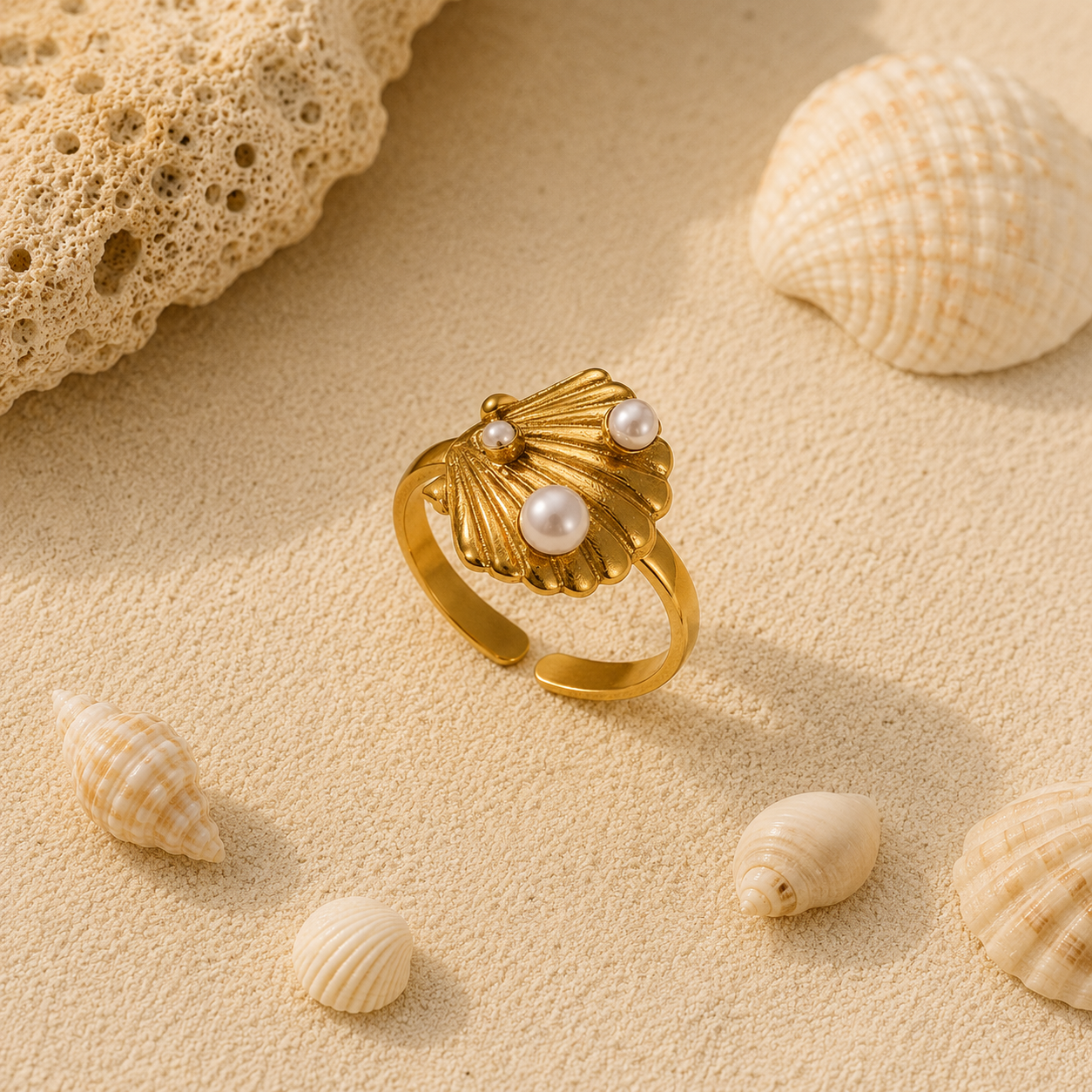 Seashell Pearl Adjustable Ring