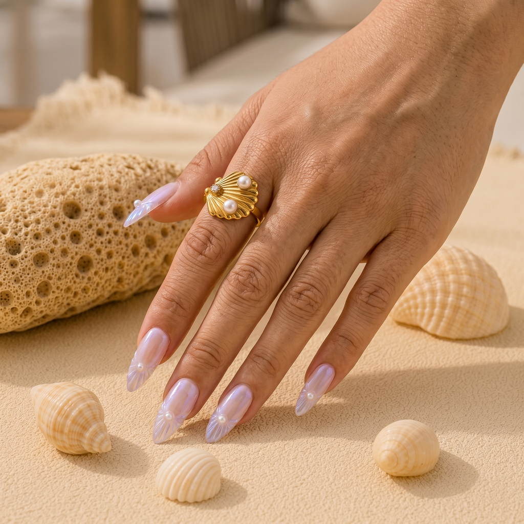Seashell Pearl Adjustable Ring